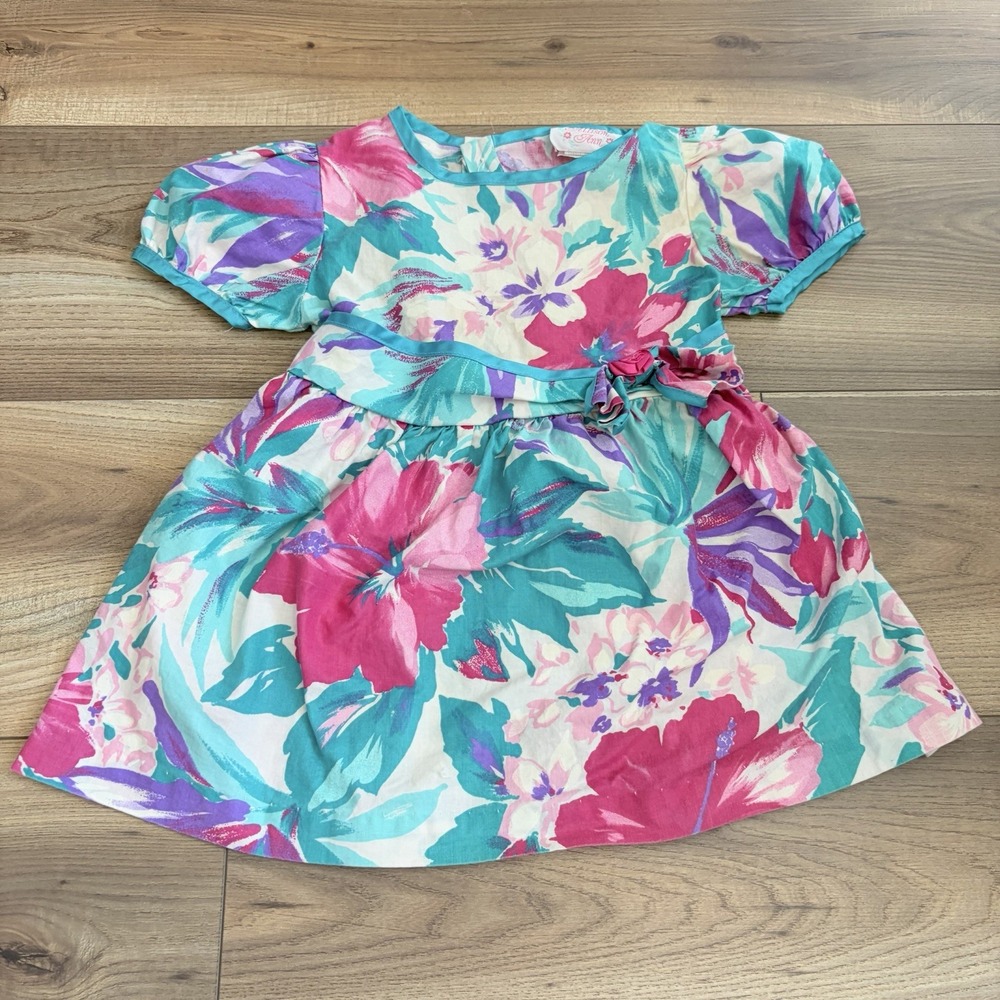 Vintage 90s Allison Ann Floral Dress 3T Retro Blue Pink Floral USA